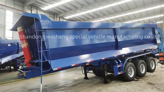 Q345B / T700 Steel Main Beam 3 Axles Blue Hydraulic Rear Dump Semi Trailer for Wosheng